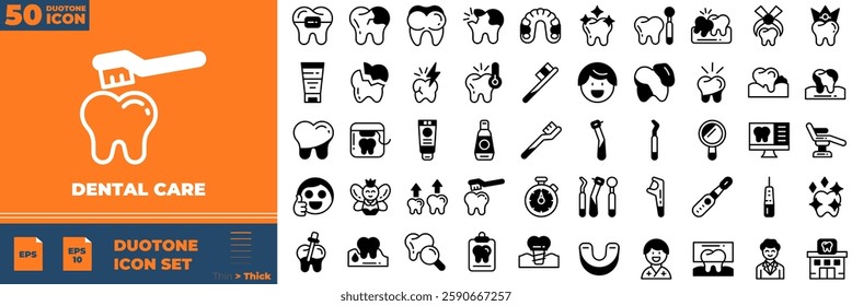 Dental Care Duotone Editable Icons set. Vector illustration in modern thin duotone style of dental care icons: tooth, dentist, toothpaste, toothbrush, etc