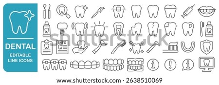 Dental care editable line icons set.  Dentist, oral health logo sign collection. Icon tooth, teeth, caries, implant, dentures.  Vector illustration image. Isolated on white background.
