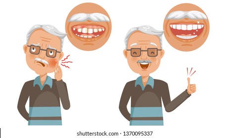 Dental Care Elderly different diagrams The opposite of healthy teeth and oral problems. Vector illustration isolated on a white background.