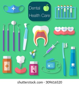 Dental care flat design Vector illustration with Dental floss, teeth, mouth, tooth paste and brush, medicine, syringe and dentist instruments.