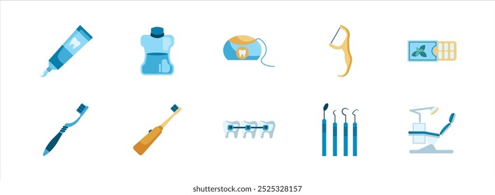 Conjunto de ilustración plana de cuidado dental. Incluya la limpieza de la clínica, dental, dental y dental. Ilustración vectorial aislada.