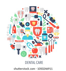 Dental care flat infographics icons in circle - color concept illustration for dental cover, emblem, template.