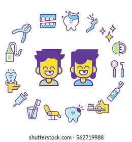 Dental care flat vector color illustration  with stomatologist tools teeth care products and white smile symbols isolated vector illustration.Patients of dental clinic. 