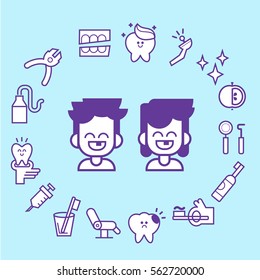Dental care flat vector  illustration with stomatologist tools teeth care products and white smile symbols isolated vector illustration.Patients of dental clinic. 