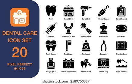 Dental Care Glyph Icon Set. Dental Clinic, Mouthwash, Toothbrush. Pixel Perfect. High Quality	