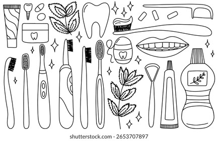 Conjunto de doodle desenhado à mão de cuidados dentários. Pasta de dente, dente, escova, fio dental, boca, chicletes