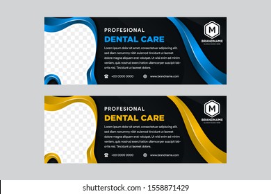 Dental Care Header & Banner Design. Horizontal banner. Modern abstract background. Dental shape for photo space. blue, gold, and black colors. 
