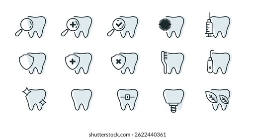 Dental care and health icons vector set. Tooth magnifier, implant, braces, syringe, checkup, eco tooth, and dental tools. Great for dental clinics, oral health campaigns, and medical purposes