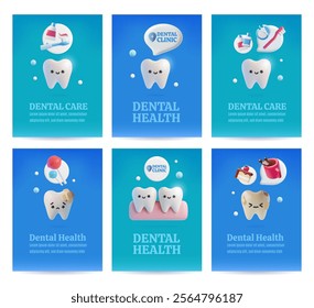 Dental care and health posters vector design set. 3D realistic white healthy tooth and oral care hygiene products. Unhealthy tooth exposed to sweets. Stomatological service for caries prevention