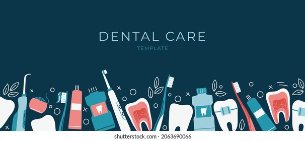 Dental care horizontal banner with flat icons along the bottom on a dark background. Healthy clean teeth. Template concept for posters, prints, cards. Vector illustration.