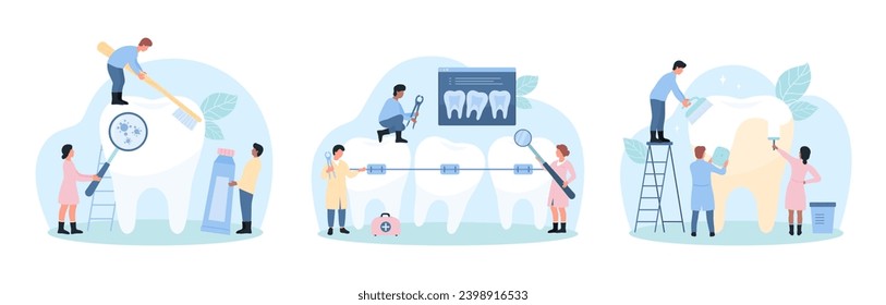 Zahnpflege im Krankenhaus, Vektorgrafik. Cartoon winzige Zahnärzte reinigen Eemel von großen Zahn mit Zahnbürste und Zahnbürste, Menschen behandeln Keime und Kammern, korrekter Biss mit Metallbraunen