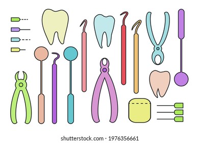 Dental care and hygiene flat icons set vector illustration. Dentist tools and equipment and teeth clip art.