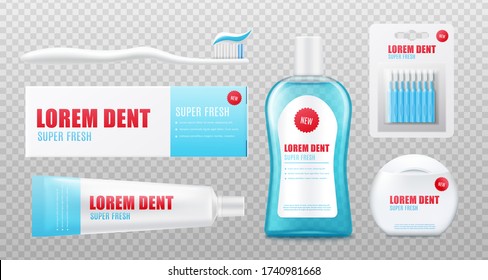 Dental care hygiene product set - realistic mockup of toothpaste tube and box, mouthwash, toothbrush and floss line. Isolated vector illustration of packaging templates.