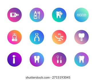 Cuidados dentários, higiene, ferramentas. Conjunto vetorial de ícones de gradiente redondo 12 apresentando dente, broca, aparelho e implante para IU médica e design clínico.