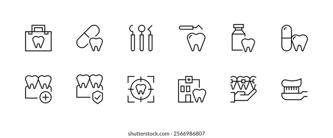 Dental care icon collection. Dentistry, implant, treatment, dental equipment, tooth care, teeth protection and more. Editable stroke. Pixel Perfect. Grid base 32px.