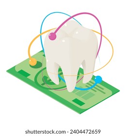 Dental care icon isometric vector. Healthy human tooth on dollar banknote icon. Dentistry, stomatology, healthcare concept