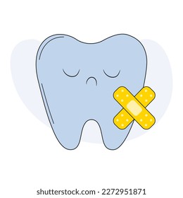 Dental care icon. Sad tooth with adhesive bandage. Flat vector illustration