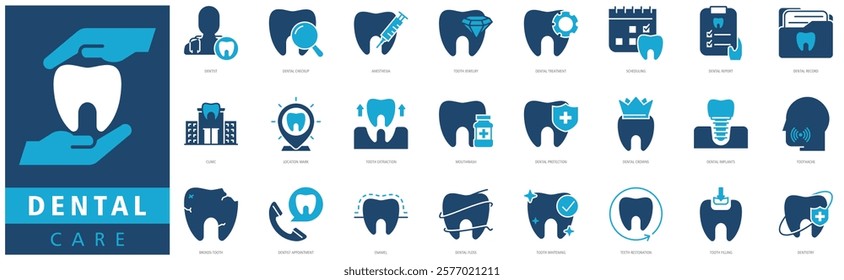 DENTAL CARE ICON SET with dentist, dental checkup, anesthesia, tooth jewelry, dental treatment, dental record, clinic and tooth extraction