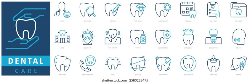 DENTAL CARE ICON SET with dentist, dental checkup, anesthesia, tooth jewelry, dental treatment, dental record, clinic and tooth extraction
