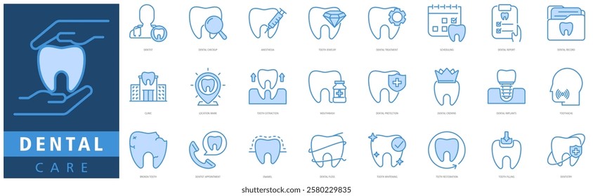 DENTAL CARE ICON SET with dentist, dental checkup, anesthesia, tooth jewelry, dental treatment, dental record, clinic and tooth extraction
