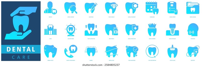 DENTAL CARE ICON SET with dentist, dental checkup, anesthesia, tooth jewelry, dental treatment, dental record, clinic and tooth extraction
