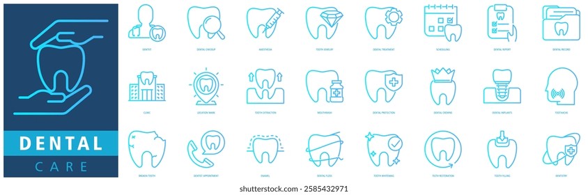 DENTAL CARE ICON SET with dentist, dental checkup, anesthesia, tooth jewelry, dental treatment, dental record, clinic and tooth extraction
