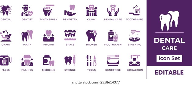 Dental Care Icon Set. Features editable icons for dentistry symbols, dental care, oral health, teeth, dentistry, orthodontics, and more. Perfect for dental clinics, dentists, and oral health websites.