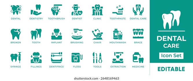 Dental Care Icon Set. Features icons of teeth, braces, dental checkups, hygiene tools, and treatment. Perfect for clinics, dentists, and oral health education.