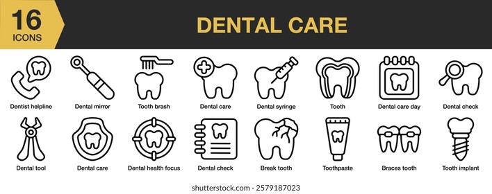 Dental Care icon set. Includes dental, dentist, care, health, teeth, and More. Outline icons vector collection.