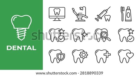 Dental Care Icon Set – Line Art Vector Collection of Tooth Implant, Dental Chair, Toothbrush, and Oral Health Symbols for Clinic and Dentistry Design.