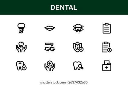 Dental Care Icon Set in Vector Style Featuring Teeth, Toothbrush, Dentist Tools, and Oral Hygiene Symbols for Medical and Health Projects