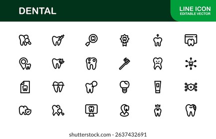 Dental Care Icon Set in Vector Style Featuring Teeth, Toothbrush, Dentist Tools, and Oral Hygiene Symbols for Medical and Health Projects