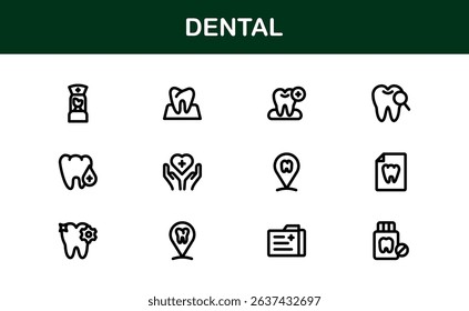 Dental Care Icon Set in Vector Style Featuring Teeth, Toothbrush, Dentist Tools, and Oral Hygiene Symbols for Medical and Health Projects