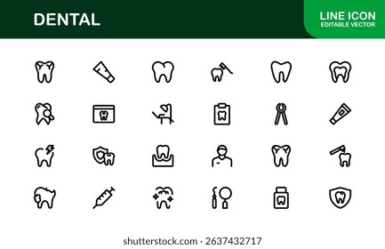 Dental Care Icon Set in Vector Style Featuring Teeth, Toothbrush, Dentist Tools, and Oral Hygiene Symbols for Medical and Health Projects