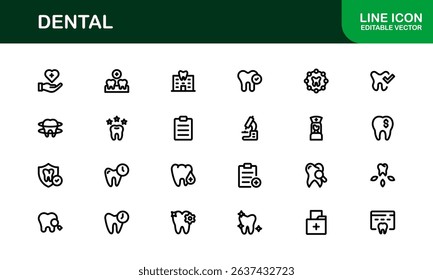Dental Care Icon Set in Vector Style Featuring Teeth, Toothbrush, Dentist Tools, and Oral Hygiene Symbols for Medical and Health Projects