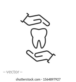 dental care icon, tooth protection, thin line web symbol on white background - editable stroke vector illustration eps 10