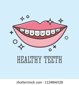 Dental care icon. Tooth icon. Vector outline illustration.  Lips with gleaming healthy smiling white teeth.