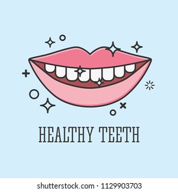 Dental care icon. Tooth icon. Vector outline illustration.  Lips with gleaming healthy white teeth.