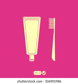 Dental care icon. Toothbrush and toothpaste. Vector illustration