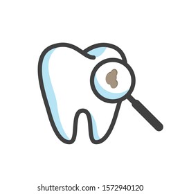 Dental care icon with unhealthy teeth. Tooth decay. Caries in magnifier glass