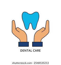 Vetor de ícone de cuidados dentários. Mãos segurando símbolo de dente ícone de ilustração plana