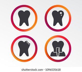 Dental care icons. Caries tooth sign. Tooth endosseous implant symbol. Infographic design buttons. Circle templates. Vector