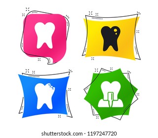 Dental care icons. Caries tooth sign. Tooth endosseous implant symbol. Geometric colorful tags. Banners with flat icons. Trendy design. Vector