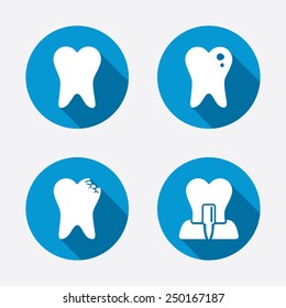 Dental care icons. Caries tooth sign. Tooth endosseous implant symbol. Circle concept web buttons. Vector