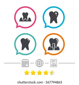 Dental care icons. Caries tooth sign. Tooth endosseous implant symbol. Parodontosis gingivitis sign. Calendar, internet globe and report linear icons. Star vote ranking. Vector