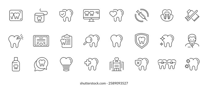 Dental care icons set: clean, health, tooth, dentist, protection symbols. Linear vector