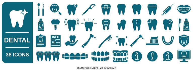 Dental care icons set. Dentist, oral health logo sign collection. Icon tooth, teeth, caries, implant, dentures. Vector illustration image. Isolated on white background.