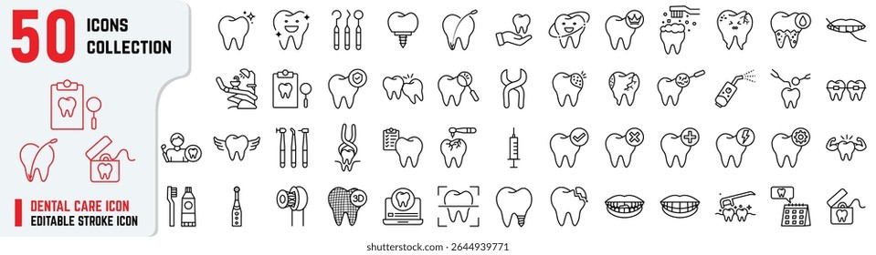 Dental Care Icons Set | Tooth, Braces, Root Canal, Cleaning, Dentist Tools | Set of Dental 50 Editable Stroke Icons