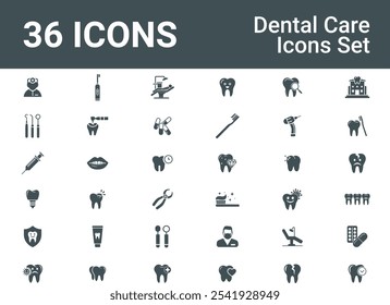 Dental Care Icons Set Vector. Tooth Health, Hygiene, Treatment. including toothbrushes, toothpaste, dentist, dental chair