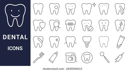 Ícones de cuidados dentários com fio dental escova de dentes e seringa